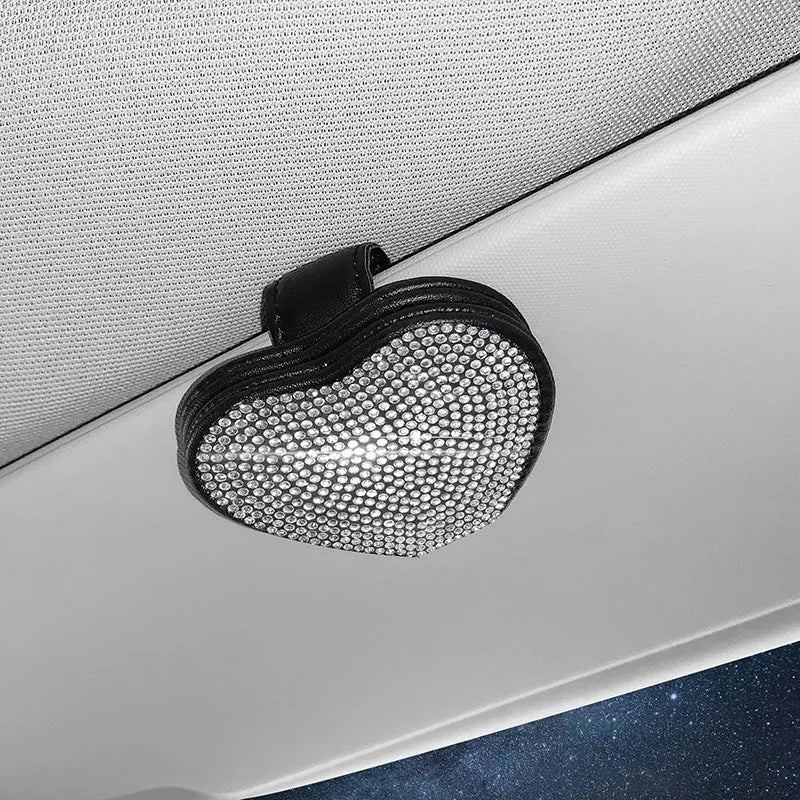 Diamond-encrusted PU leather magnetic clip for car sun visor holding sunglasses