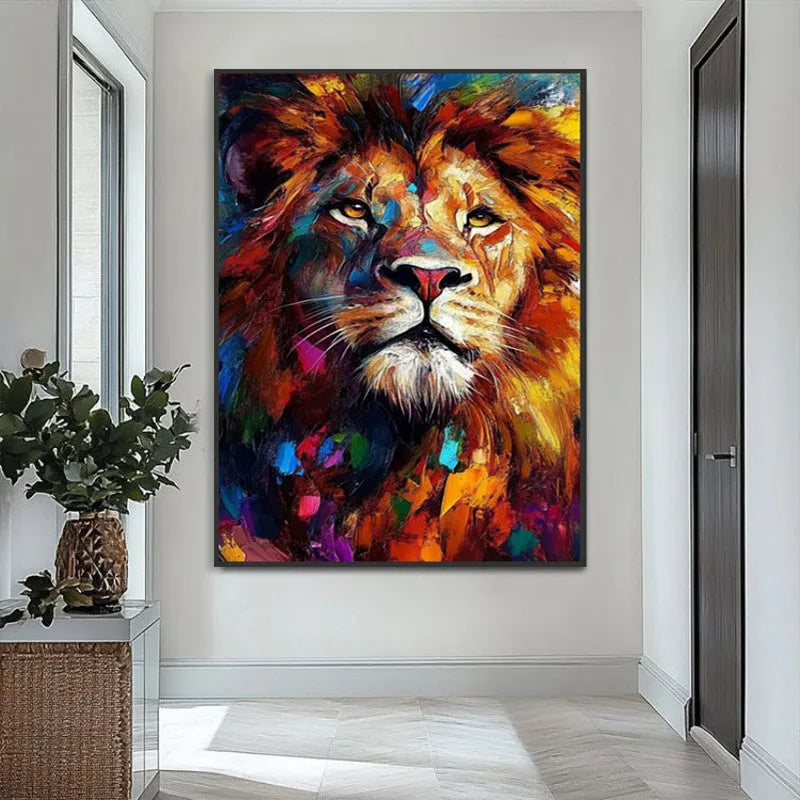 Hand painted colourful lion oil painting on canvas, modern abstract animal wall art, no frame, vertical orientation