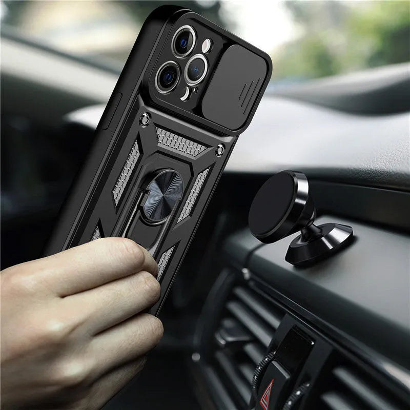 Sergeant sliding window iPhone case in blue colour with magnetic bracket for device protection