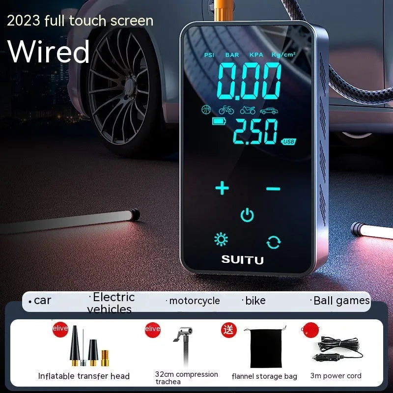 Black wireless portable tyre inflator with LCD screen, attached air hose, and set of four nozzle adapters