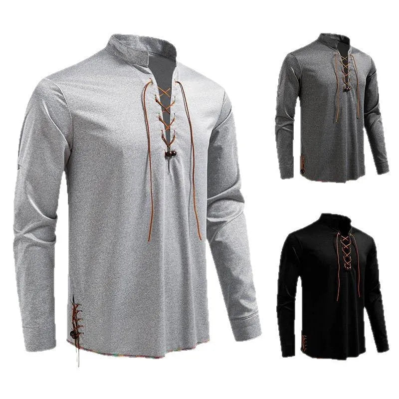 Men's stand-up collar long sleeve T-shirt with drawstring, slim fit pullover in light gray, dark gray, or black