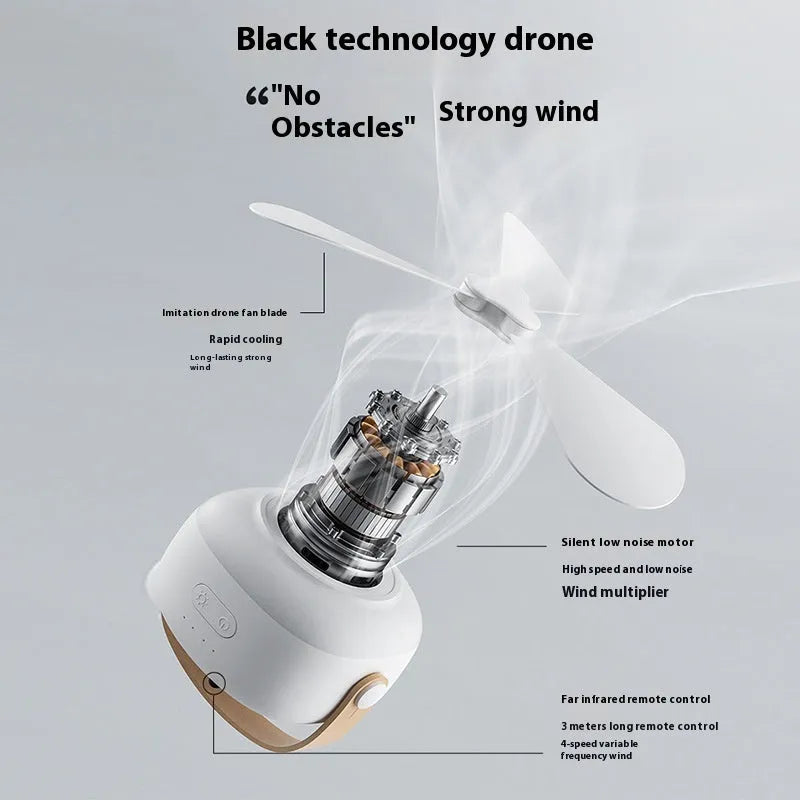 Portable rechargeable ceiling fan with remote control and night light for camping.