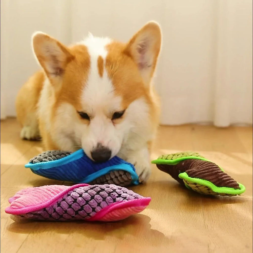 Blue teddy dog toy with a bone model and corn fleece lining for bite-resistant play.
