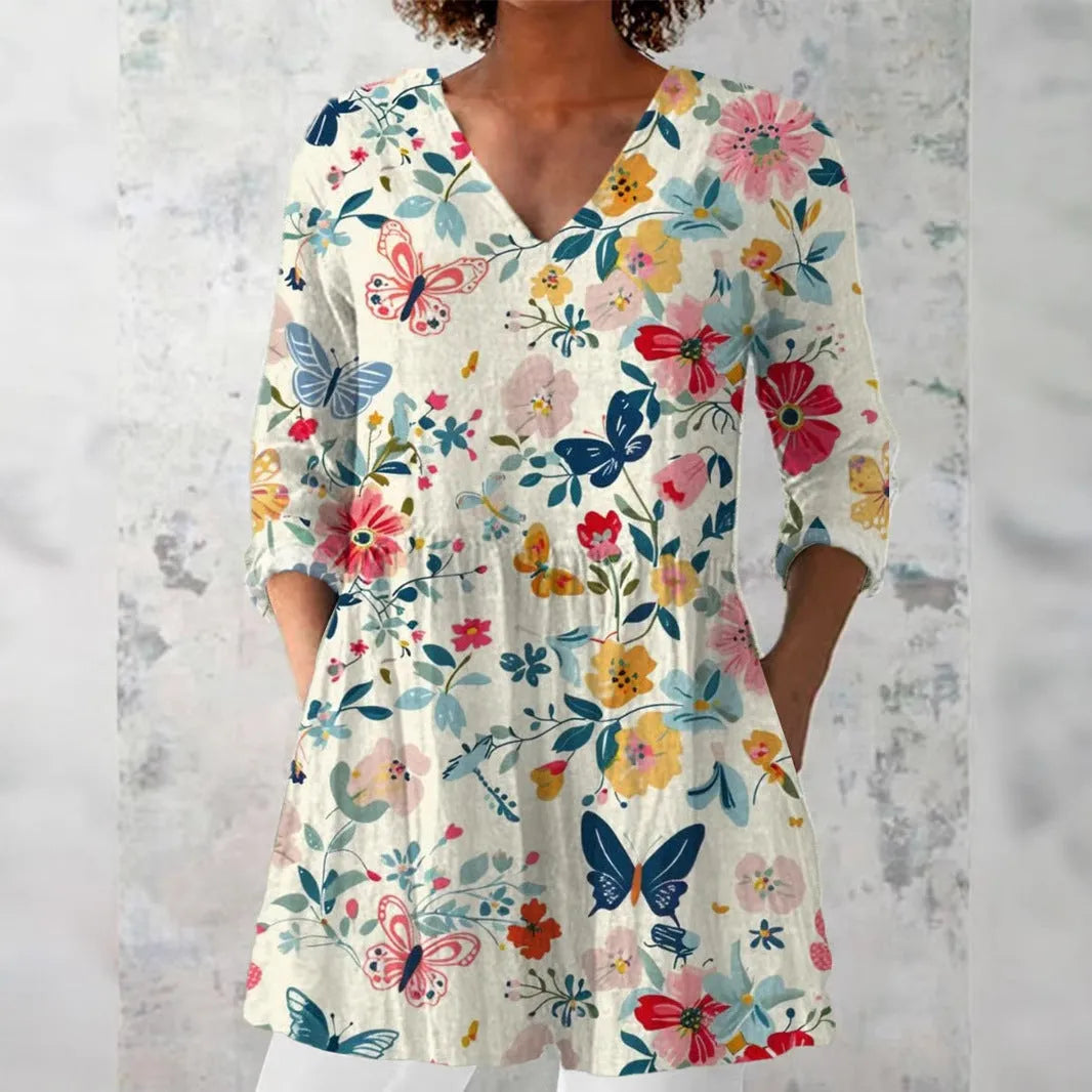 Women's retro slim fit printed long-sleeved top in polyester fabric showing digital print design