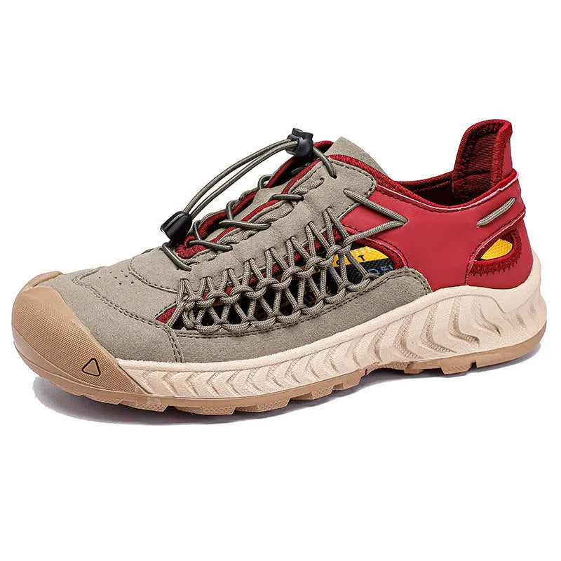 Men's hand-woven closed-toe sandals in light grey with elastic band and rubber soles
