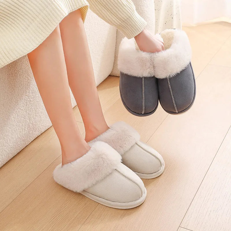 Women's plush indoor slippers with round toe, flat heel, and anti-slip PVC sole in five colour options