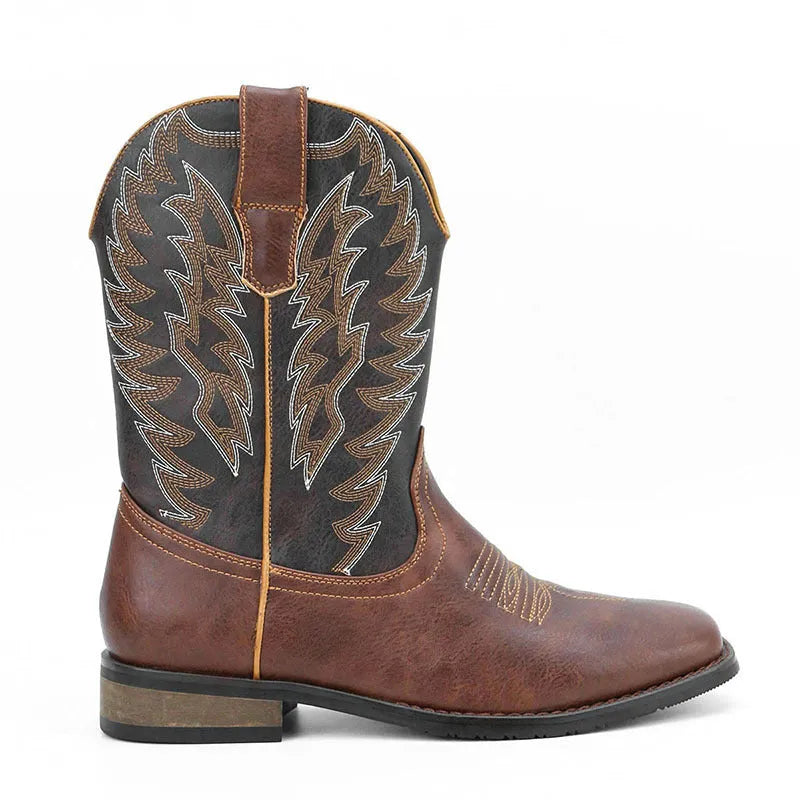 Men's black square toe Western-style motorcycle boots with embroidery detail on a mid-calf shaft.