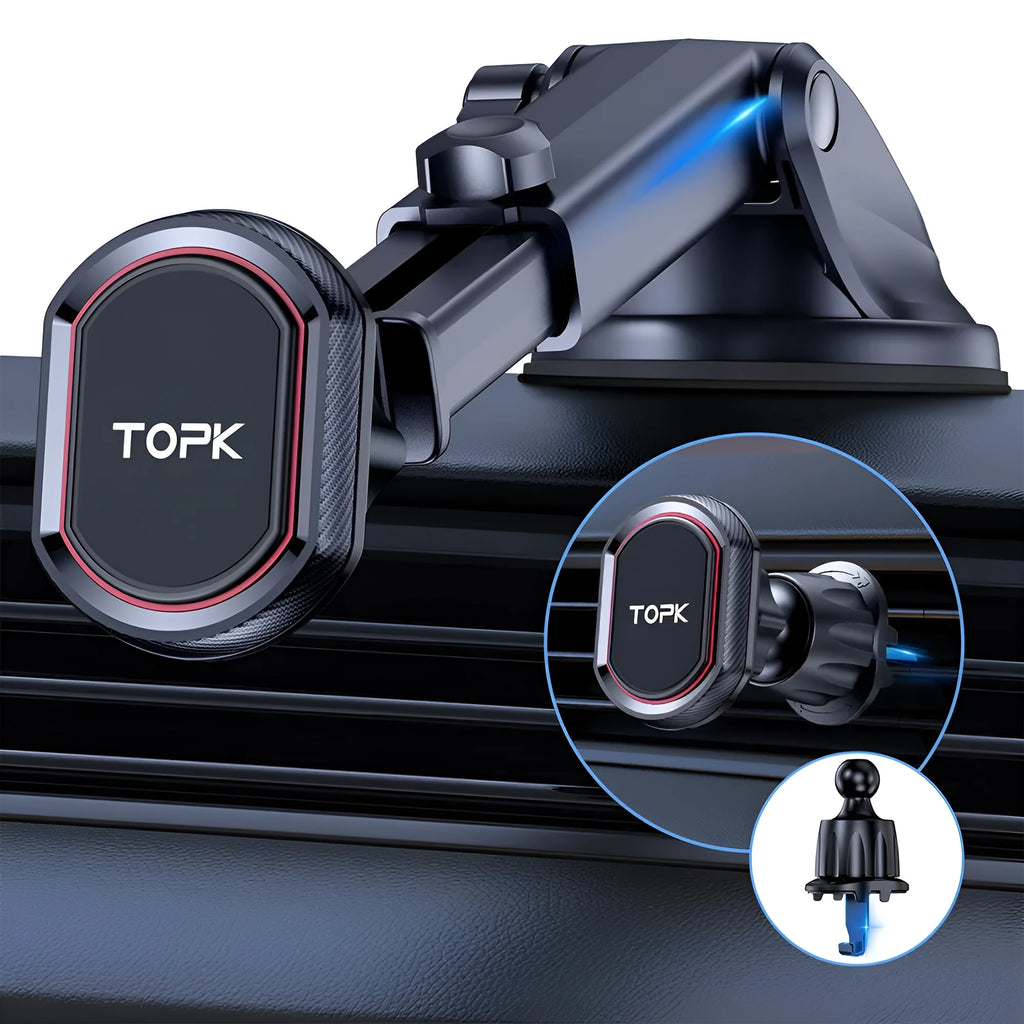Magnetic car phone holder with suction cup and hook bracket, universal mobile phone mount, D37 style options