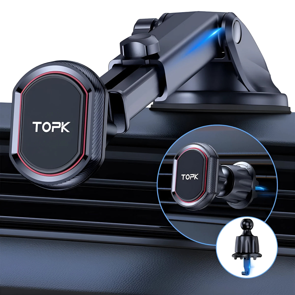 Magnetic car phone holder with suction cup and hook bracket, universal mobile phone mount, D37 style options