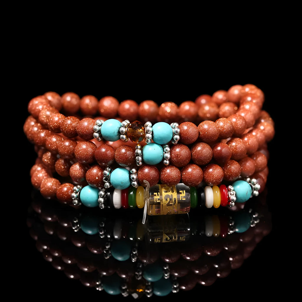 Golden star stone Six Words Mantra bracelet with 108 nugget sand beads and fu character charms