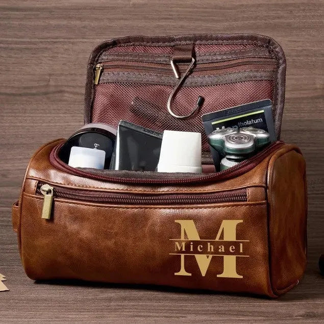 Men's PU leather leisure travel makeup bag in black, light brown, brown, or dark brown