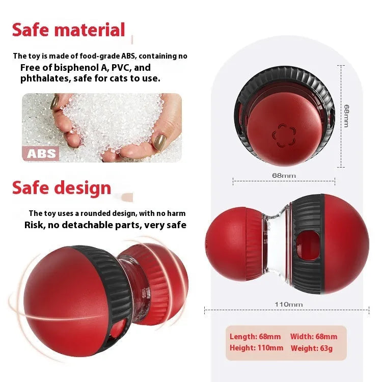 Rotating cat toy with super ball design showing food dropping mechanism and plastic construction