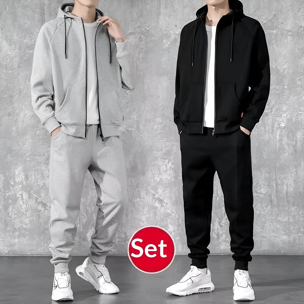 Men's loose zip-up hoodie sweater set in cotton available in black and gray