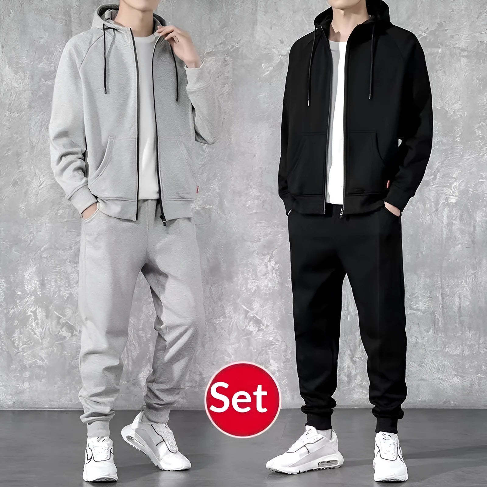 Men's loose zip-up hoodie sweater set in cotton available in black and gray