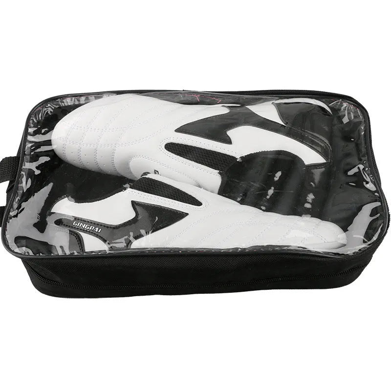 Black and white children's martial arts shoes with soft bottom and widened sole design