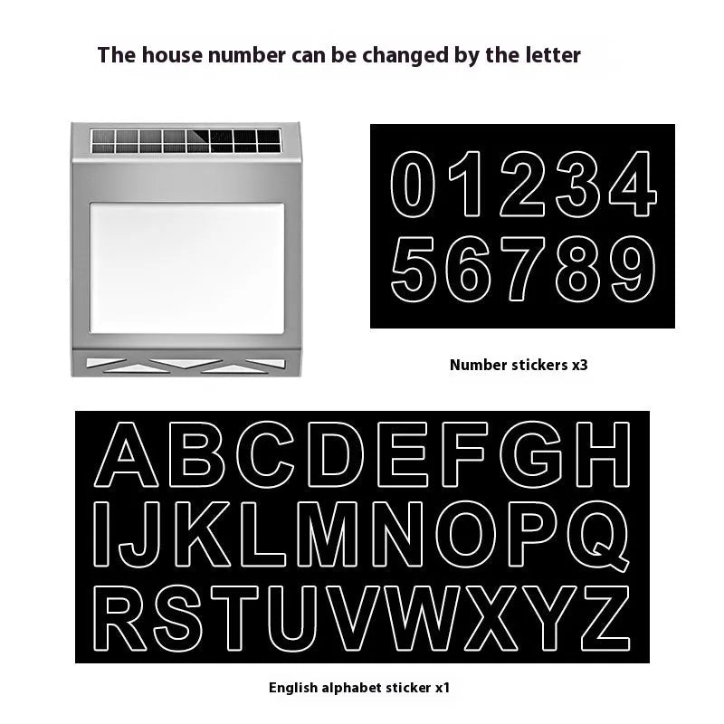 Black solar powered waterproof doorplate light with LED house numbers mounted on exterior wall