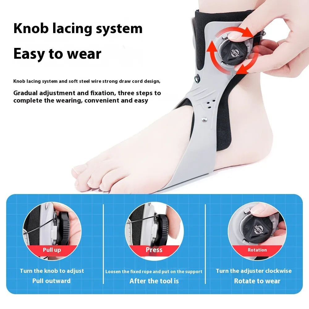 Grey and black adjustable airbag button ankle support brace for left or right foot.