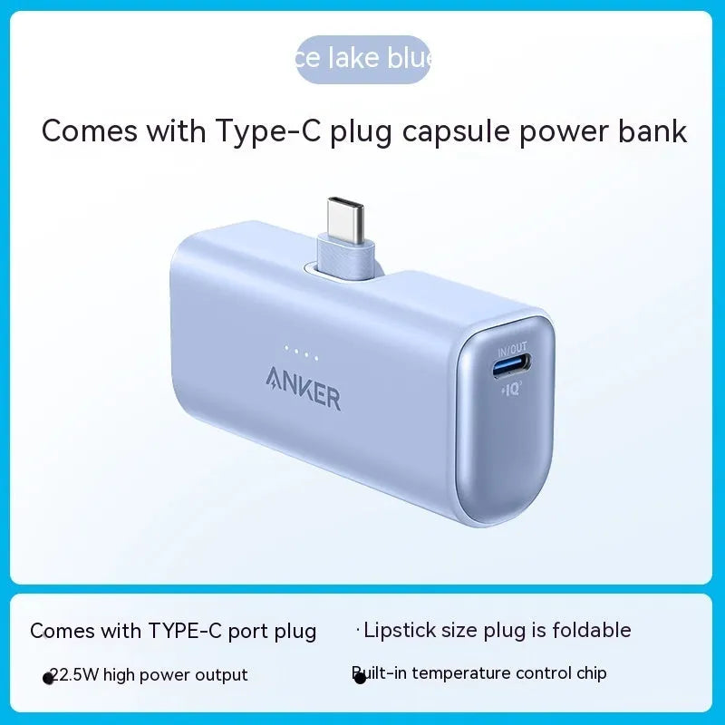 Compact capsule-shaped power bank in multiple colours with a foldable USB Type-C cable
