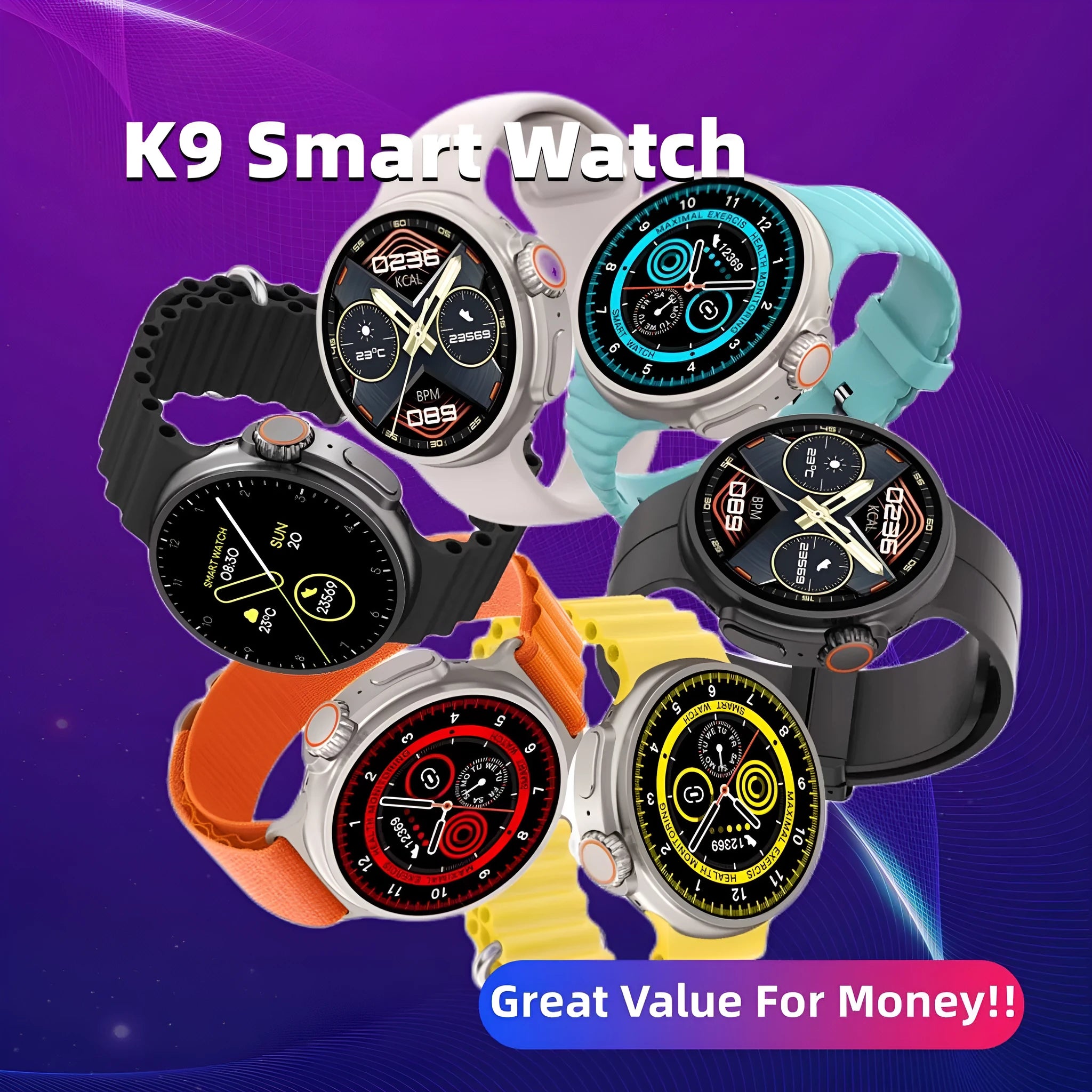 K9 smart watch with black silicone strap and round screen displaying fitness stats.