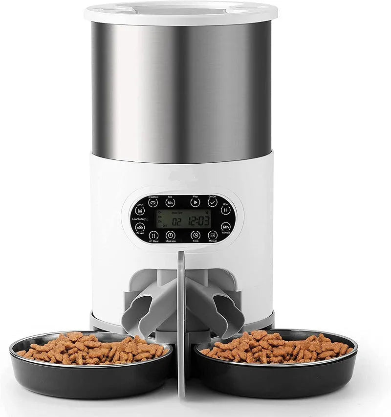 Automatic pet feeder with stainless steel bowl, 3L or 4.5L capacity, button or WiFi control and double meal option