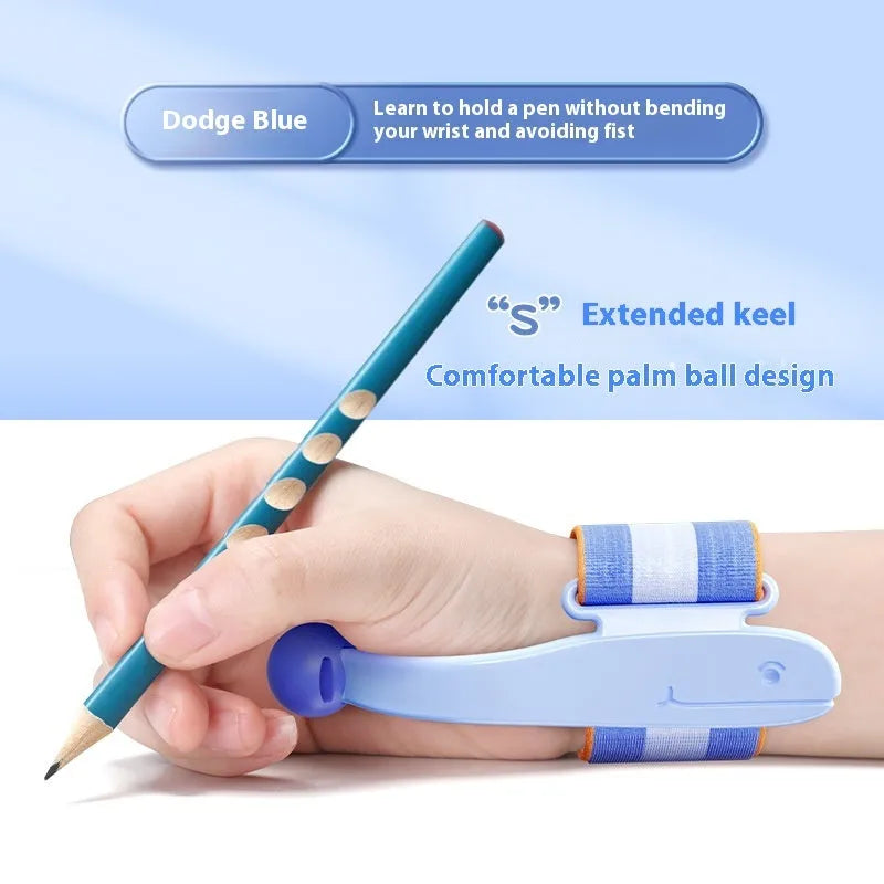 Blue anti-hook wrist brace corrector for handwriting posture and pencil grip training
