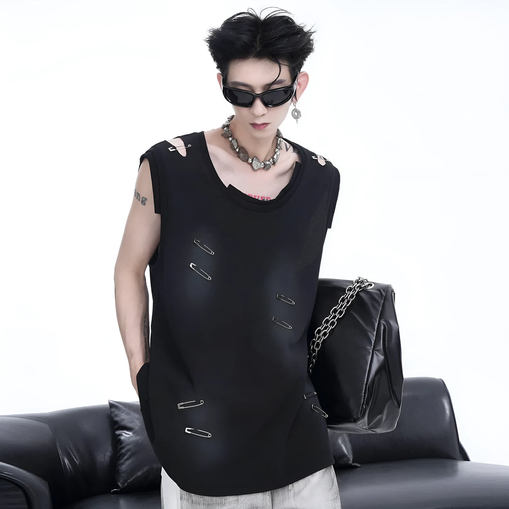 Men's black sleeveless vest waistcoat t-shirt with ripped irregular cutting design and round neck collar