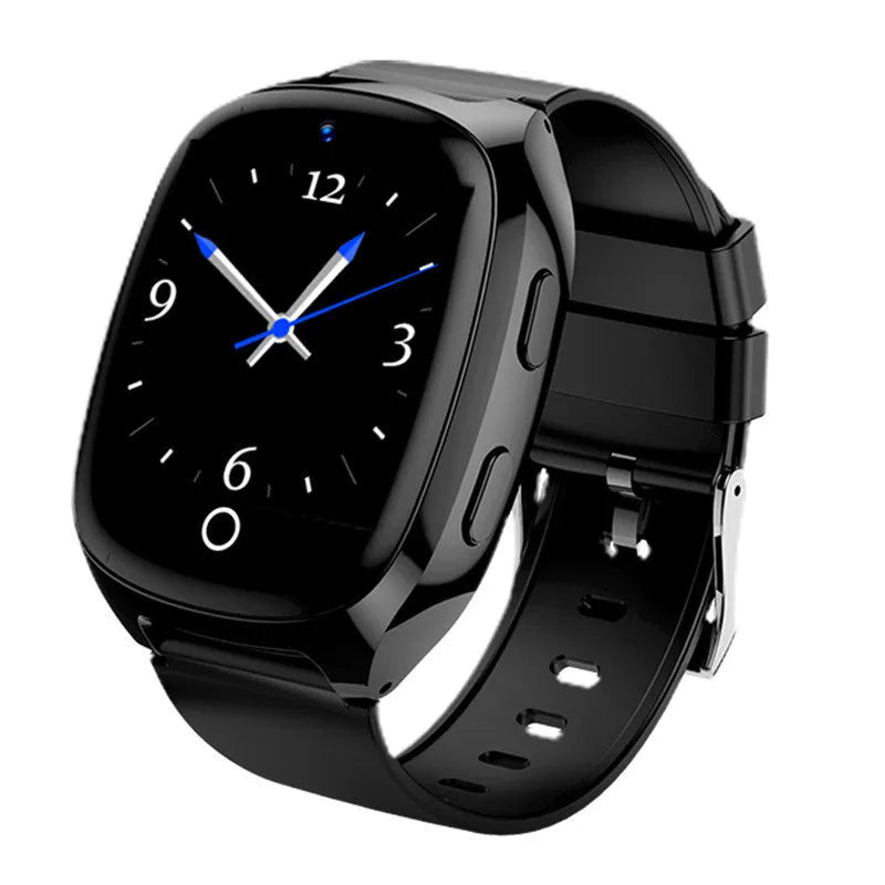 Black GPS smartwatch with touch screen showing SOS alarm and health monitoring functions