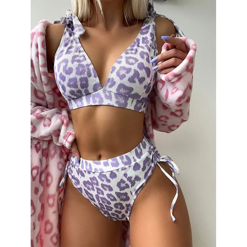 Women's purple leopard print sleeveless suit with lace-up chest detail and high-waist shorts