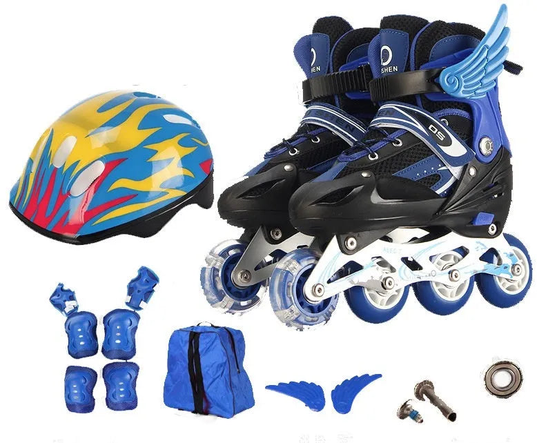 Adjustable children's roller skates in yellow with aluminium frame, PU foam wheels, and full protective gear set.