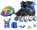Adjustable children's roller skates in yellow with aluminium frame, PU foam wheels, and full protective gear set.