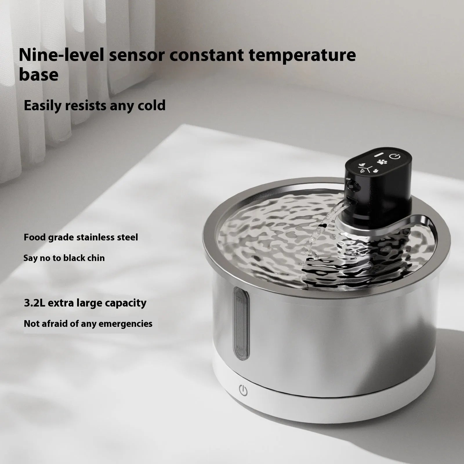Stainless steel pet water fountain with constant temperature heating base in white colour