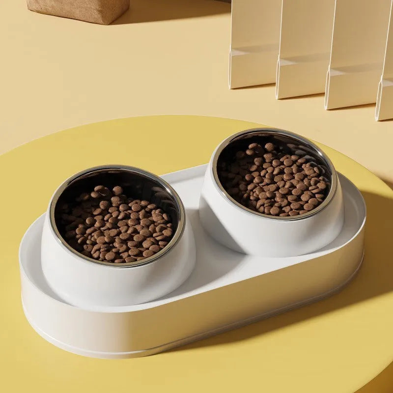 White elevated double pet food bowl with tilted design for cats and small dogs on a non-slip base.