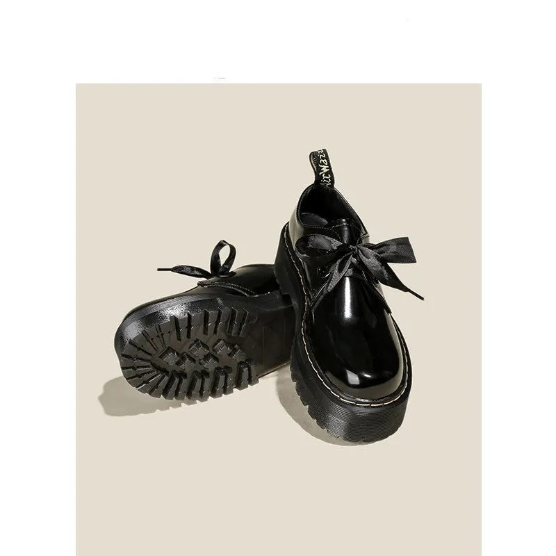 Women's black small leather shoes with thick TPR soles and cross strap design