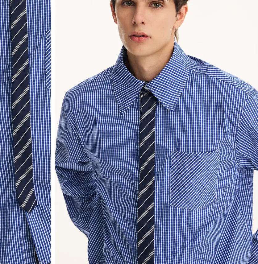 Men's fake two-piece tie shirt, long sleeve, loose fit, black or blue, cotton blend, non-ironing, autumn top