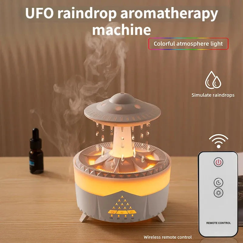 White UFO Raindrop Humidifier with 7-colour nightlight and essential oil diffuser on table