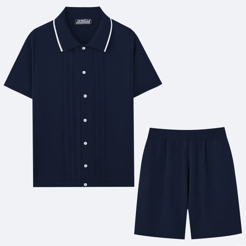 Tencel viscose knitted business casual two-piece set showing short sleeve top and matching shorts.