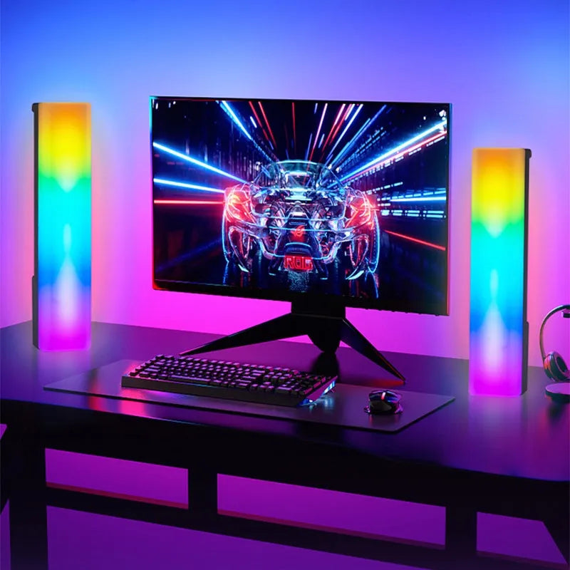 3D RGB music voice-activated ambiance lamp in white or black shell on tabletop