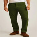Loose fit solid colour corduroy casual trousers on a hanger showing straight leg and mid waist.