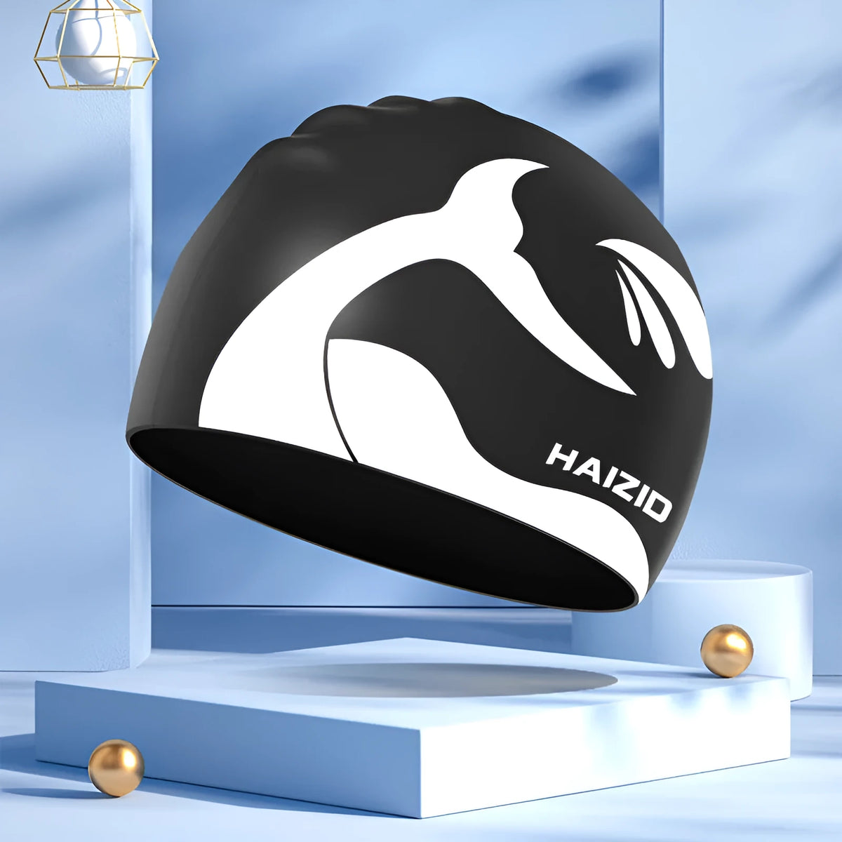 Adult unisex silicone swim cap with whale tail pattern and built-in ear protectors in four colours.