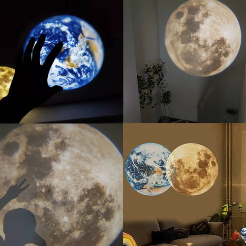 Earth and moon projection lamp with adjustable bracket on wooden surface