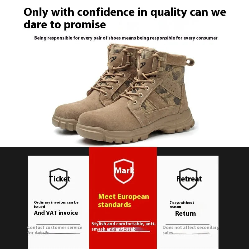 Khaki high-top suede combat boots with steel toe caps and front lace-up closure