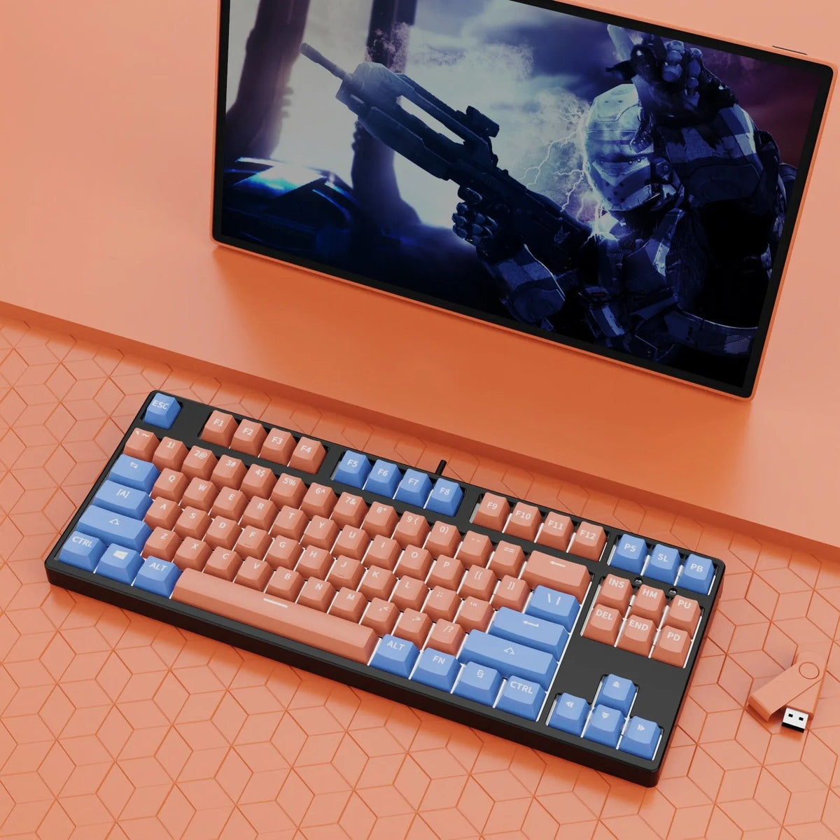 87-key wired mechanical keyboard with hot-swappable switches showing multiple colour combination options