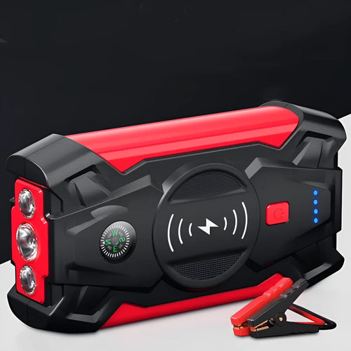 Red 12V portable car jump starter power bank with battery clips on a black background.