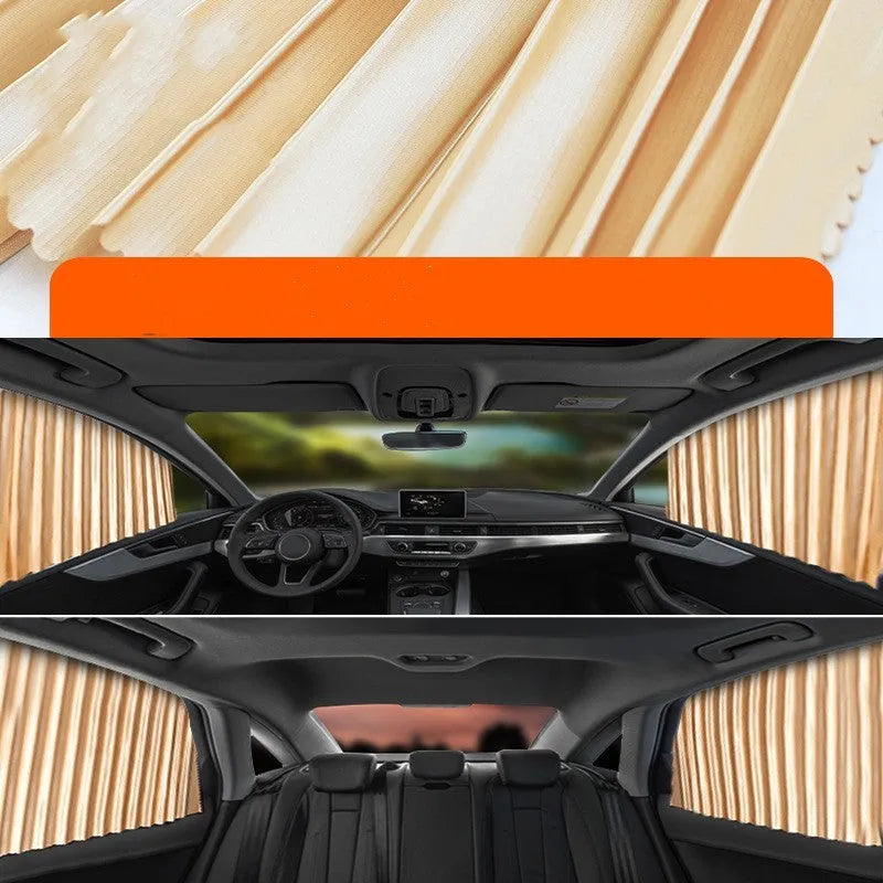 Retractable car sun curtain in opaque cloth extended across vehicle window