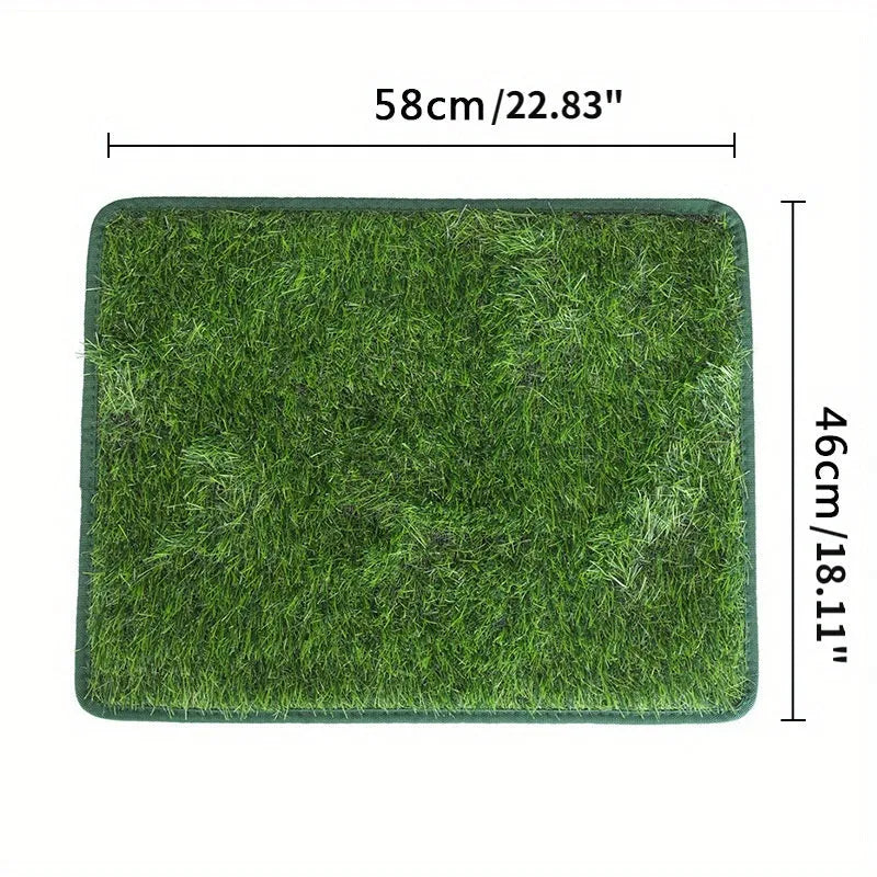 Artificial grass dog toilet training mat with drainage holes and rubber backing in three size options.