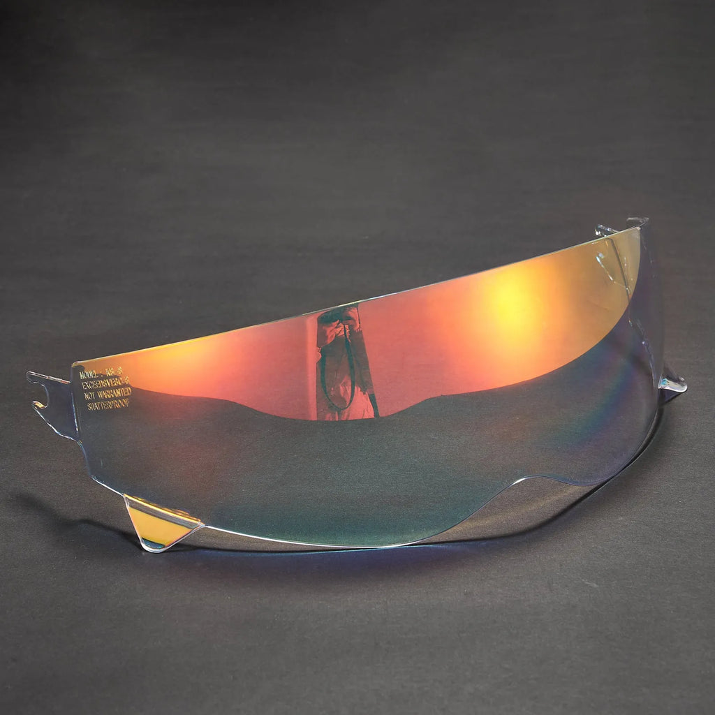 Motorcycle full face helmet lens in transparent, light black or electroplated colour, plastic eye protection accessory.