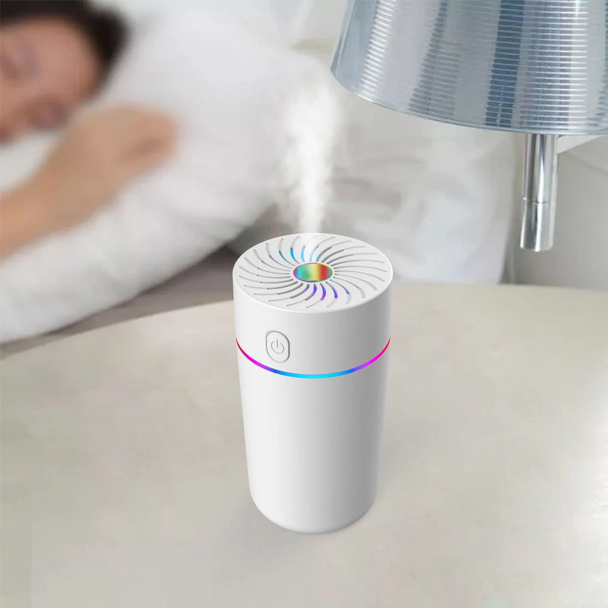 Car USB mini humidifier in black or white with battery or plug-in power options