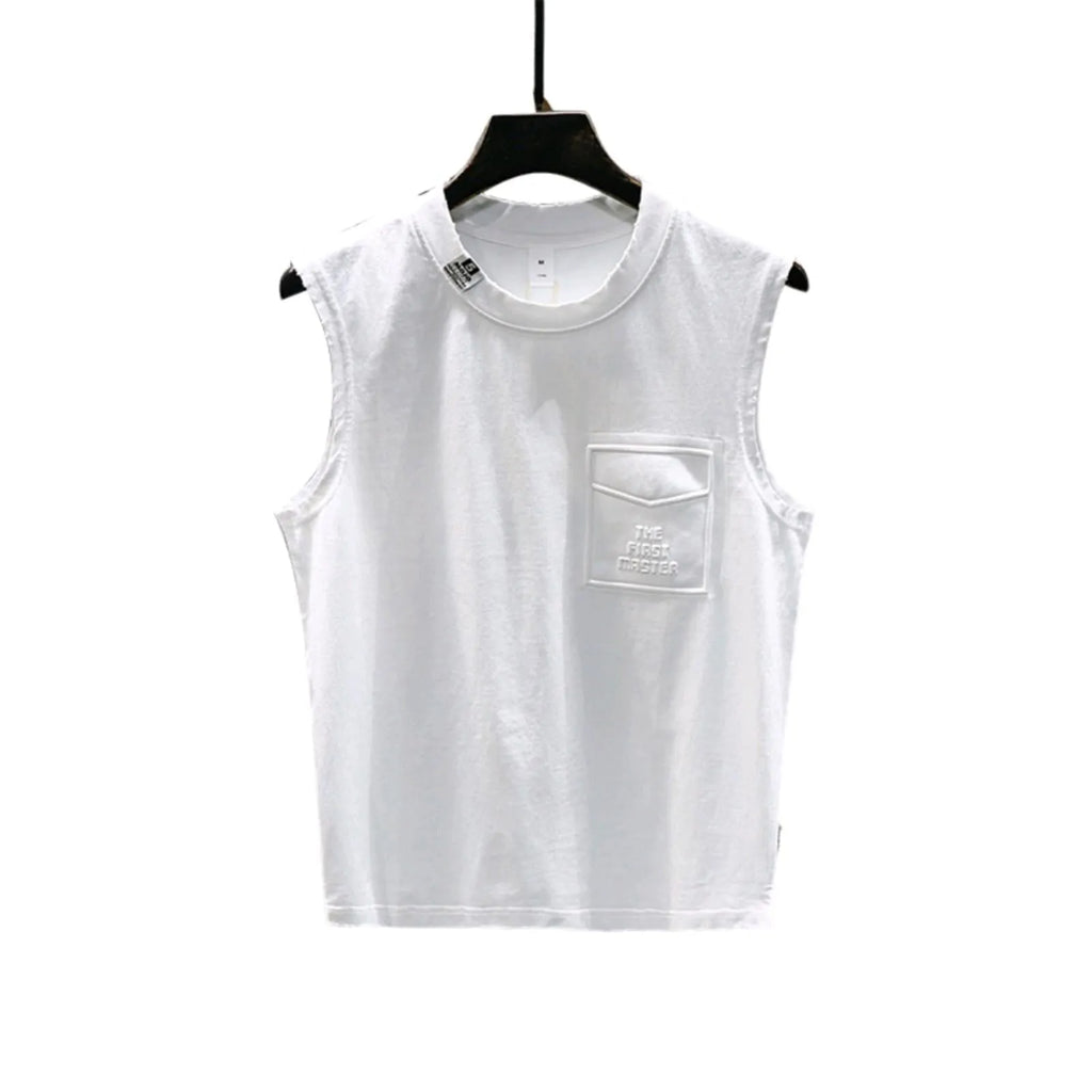 Cotton sleeveless fitness t-shirt in solid black colour showing loose fit and straight hem design