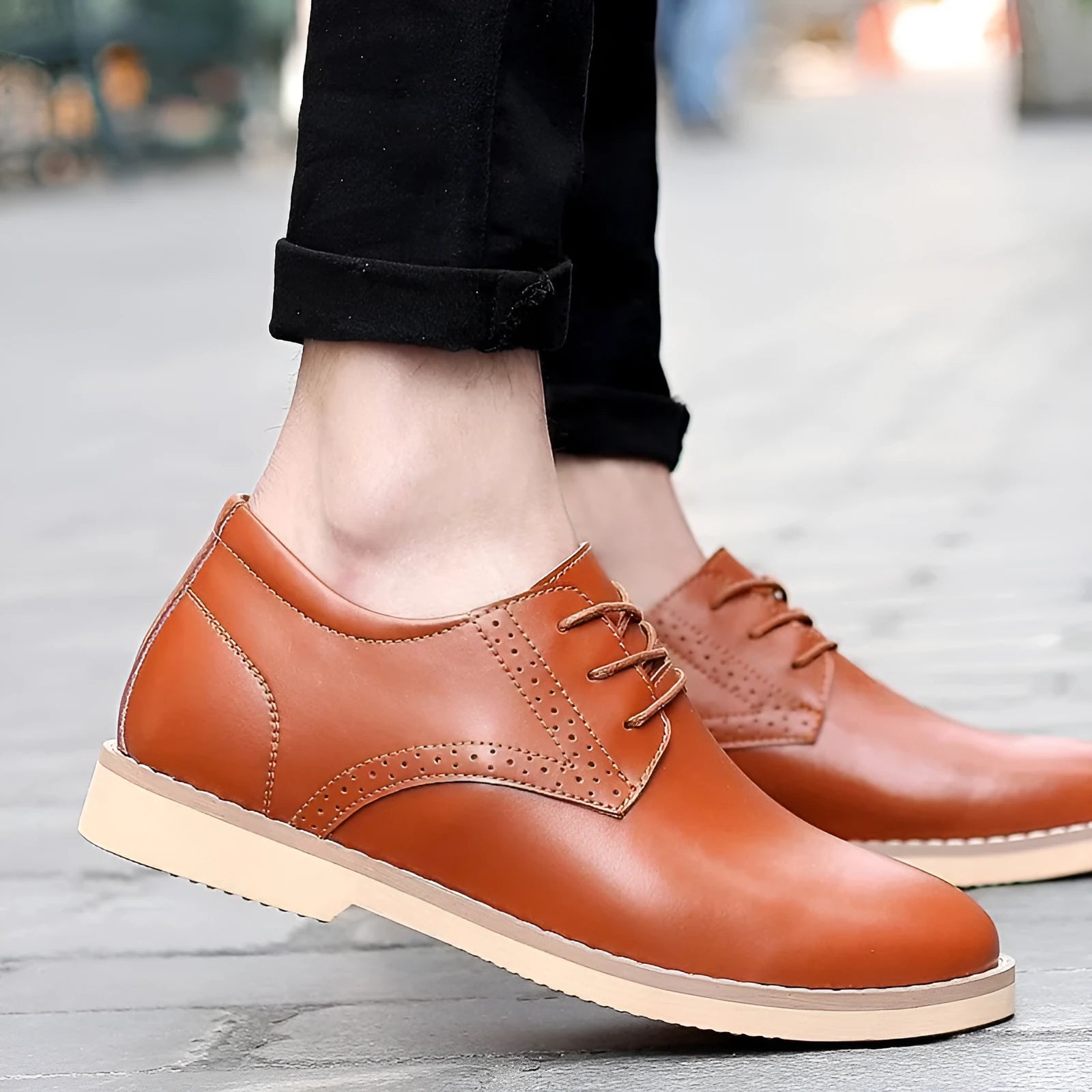Men's casual leather shoes cowhide low top height increasing non-slip rubber sole British style