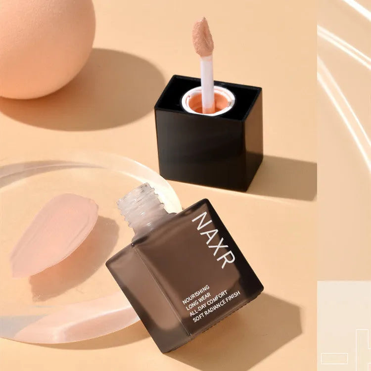 Liquid foundation bottle for oil control and brightening, available in Natural Colour and Ivory White shades.
